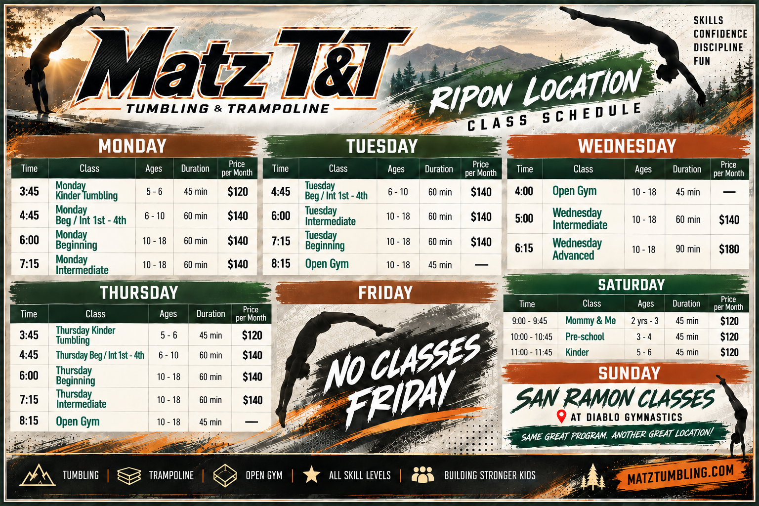Matz T&T class schedule and pricing
